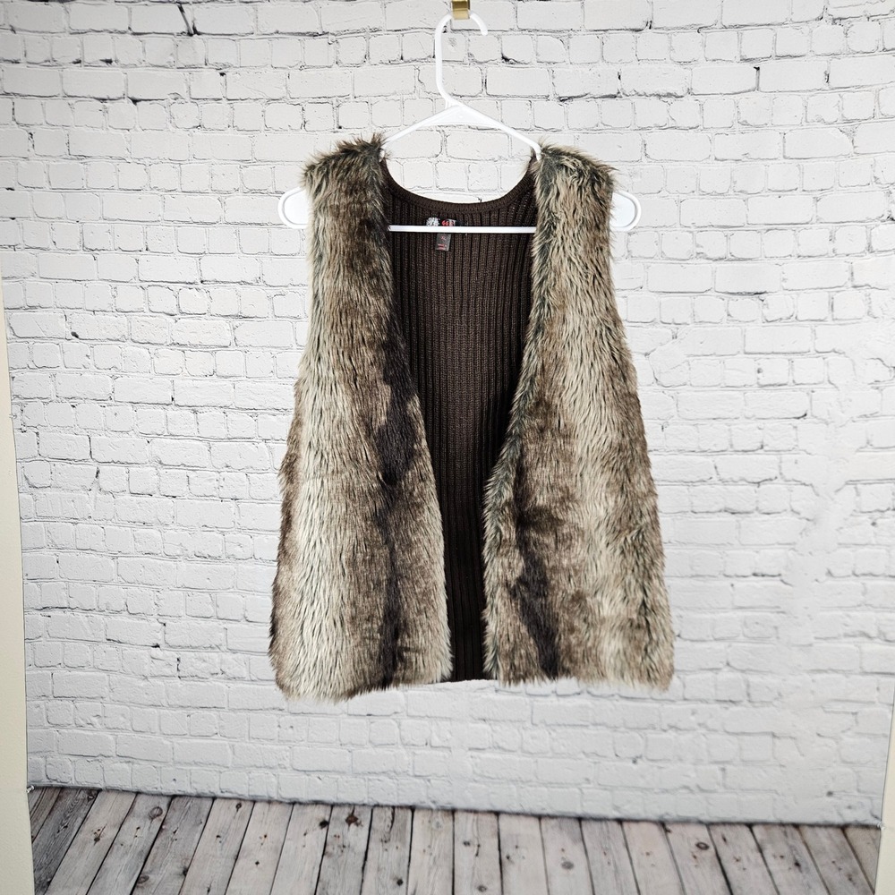 JJ Basics Faux Fur Ribbed Knit Back Vest Brown XL Sleeveless Open Front Cardigan